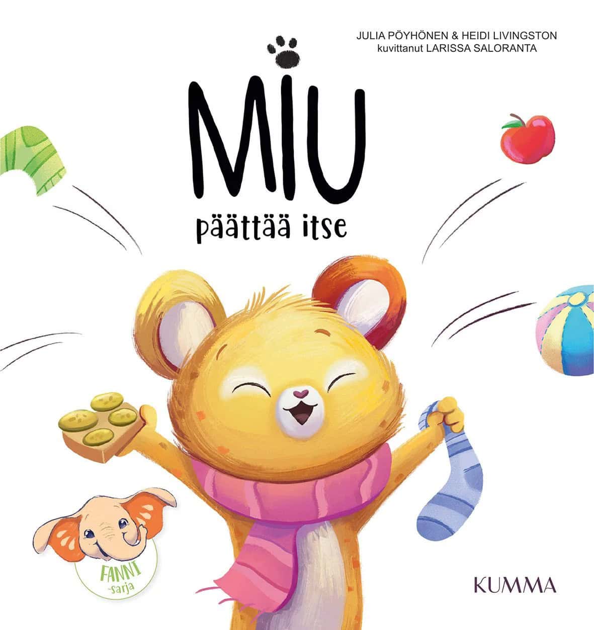 Miu päättää itse -kirjan kannessa liikerinpoikanen Miu pitelee kädessään sukkaa ja voileipää ja hänestä poispäin sinkoaa ruokia ja vaatteita.