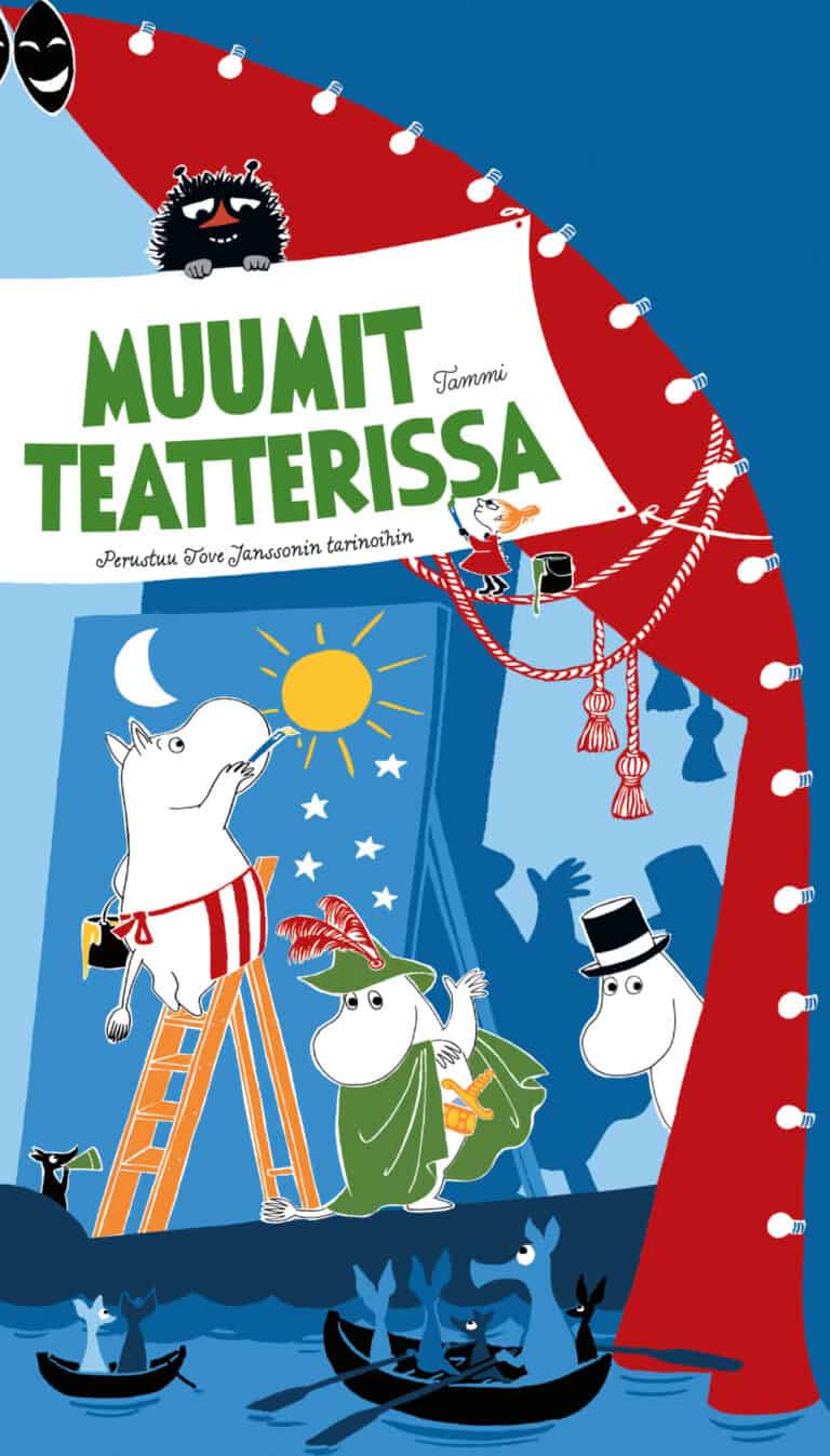 Muumit teatterissa -kirjan kannessa on puolikas muumien teatteritalosta. Lavalla Muumimamma maalaa lavasteita, Muumipeikko on rooliasussa ja Muumipappa kurkistelee esiripun takaa.