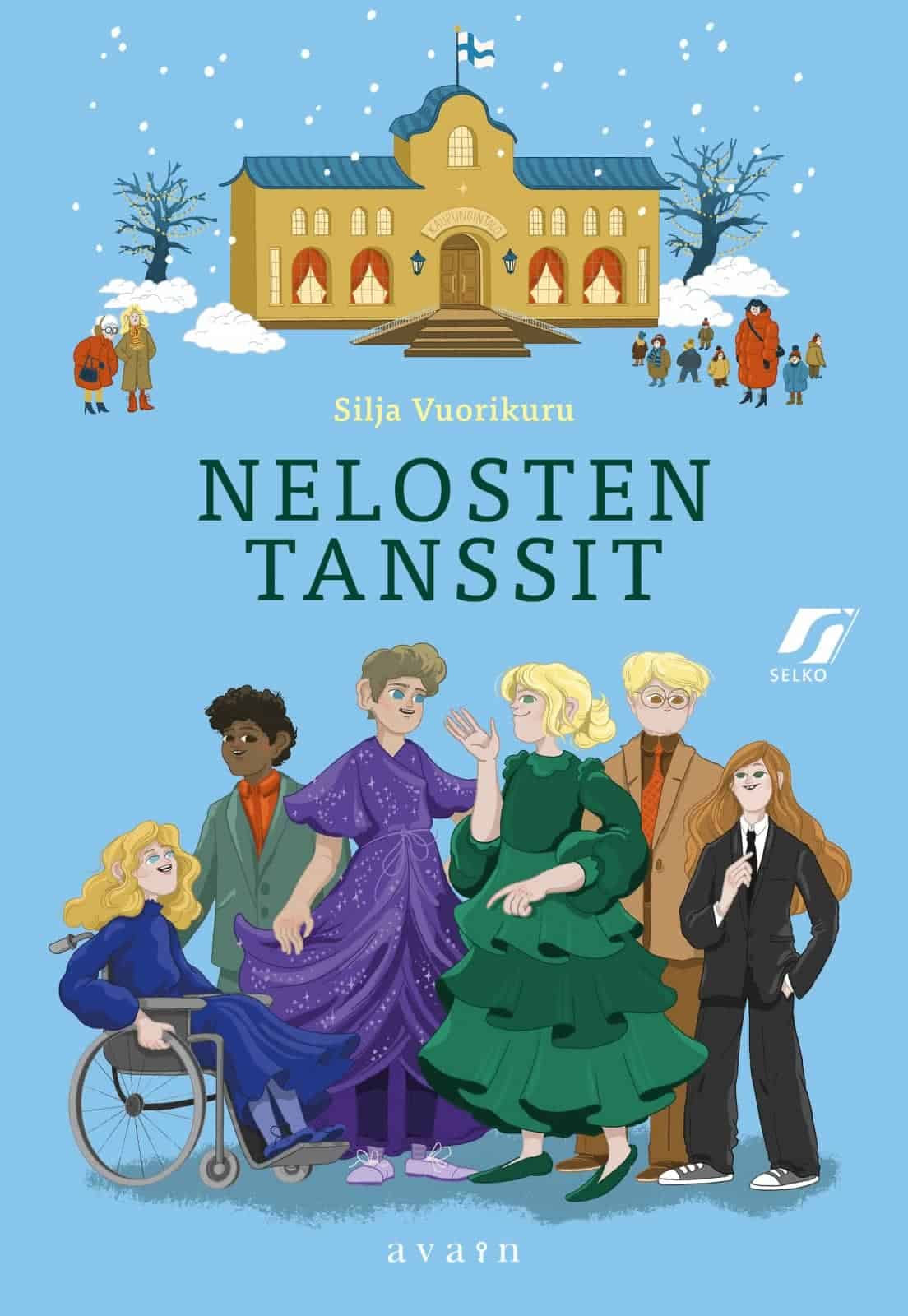 Nelosten tanssit -kirjan kannessa on piirros kuudesta juhla-asuisesta lapsesta, joista yksi istuu pyörätuolissa.