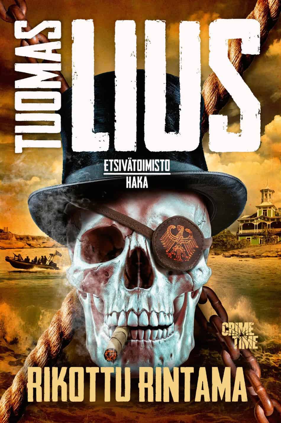 Rikottu rintama -kirjan kannessa on pääkallo jolla on silinterihattu, silmälappu ja sikari suussa.