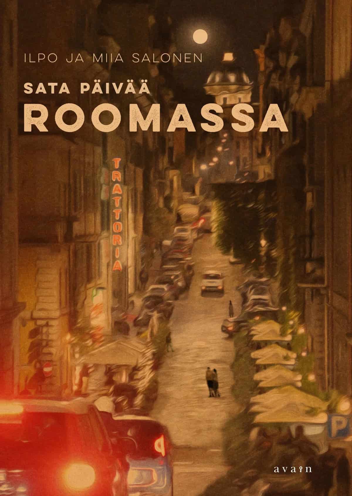 Piirrosmaiseksi käsitelty valokuva öiseltä Rooman kadulta.