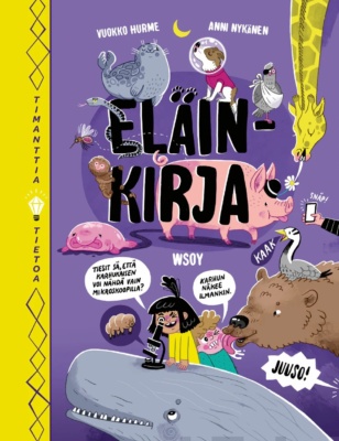 Eläinkirjan kannessa on piirroksia eläimistä: saimaannorppa, Laika-koira, yksisilmäinen ja yksijalkainen pulu, Juuso-karhu, valas, hattupäinen sika, möhkökala ja niin edelleen. Valaan päällä lapsi tutkii karhukaista mikroskoopilla ja Juuso-karhu nuolee toisen lapsen naamaa.