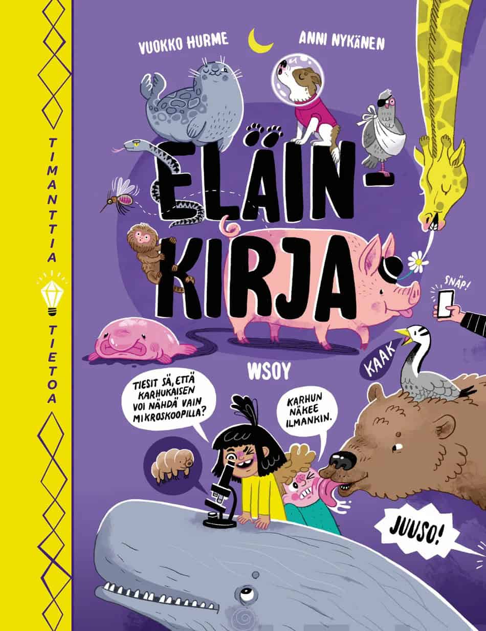 Eläinkirjan kannessa on piirroksia eläimistä: saimaannorppa, Laika-koira, yksisilmäinen ja yksijalkainen pulu, Juuso-karhu, valas, hattupäinen sika, möhkökala ja niin edelleen. Valaan päällä lapsi tutkii karhukaista mikroskoopilla ja Juuso-karhu nuolee toisen lapsen naamaa.