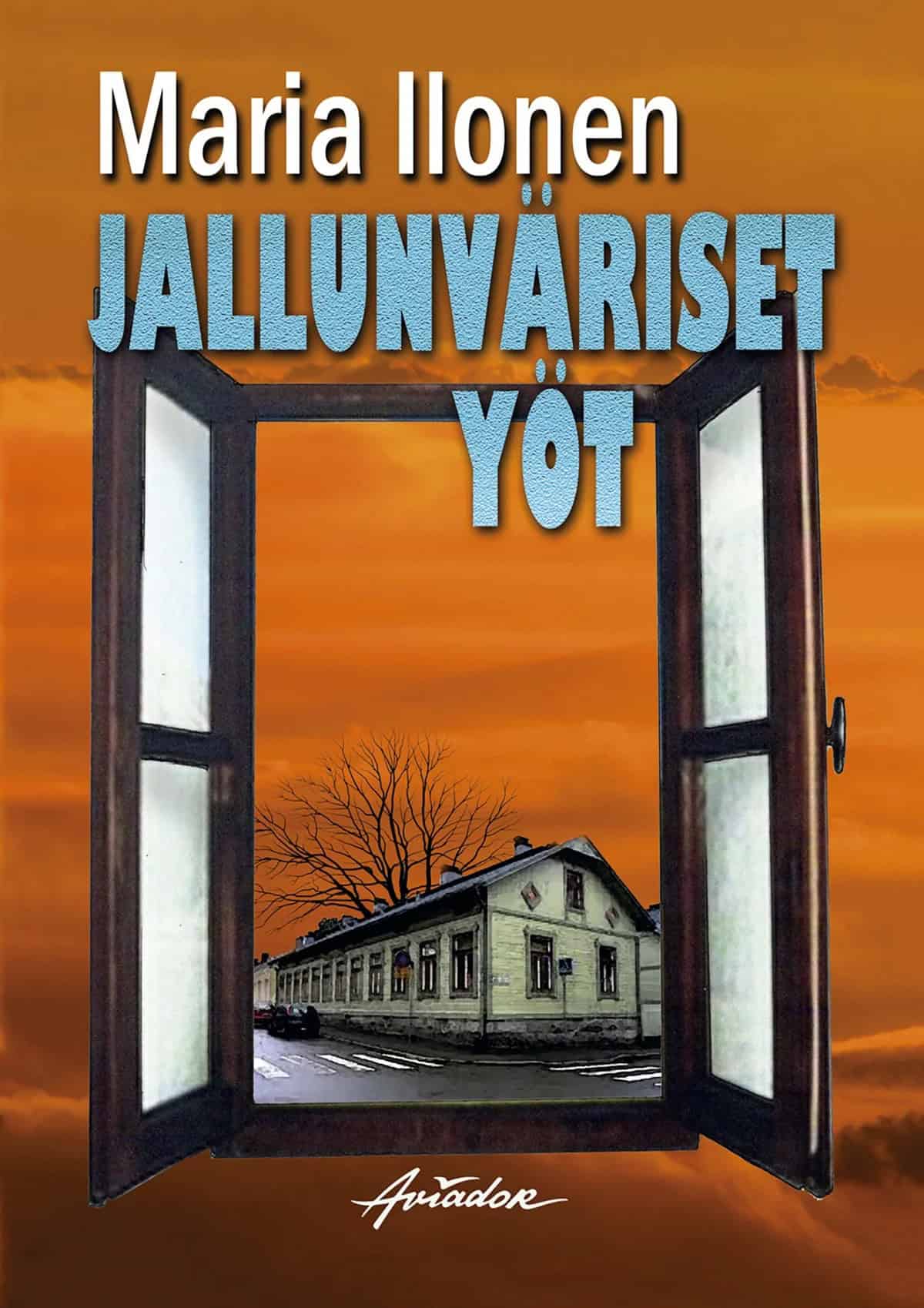 Jallunväriset yöt -kirjan kannessa on irtonainen ikkuna, josta näkyy vanha puutalo. Taustalla on oranssinvärinen taivas.
