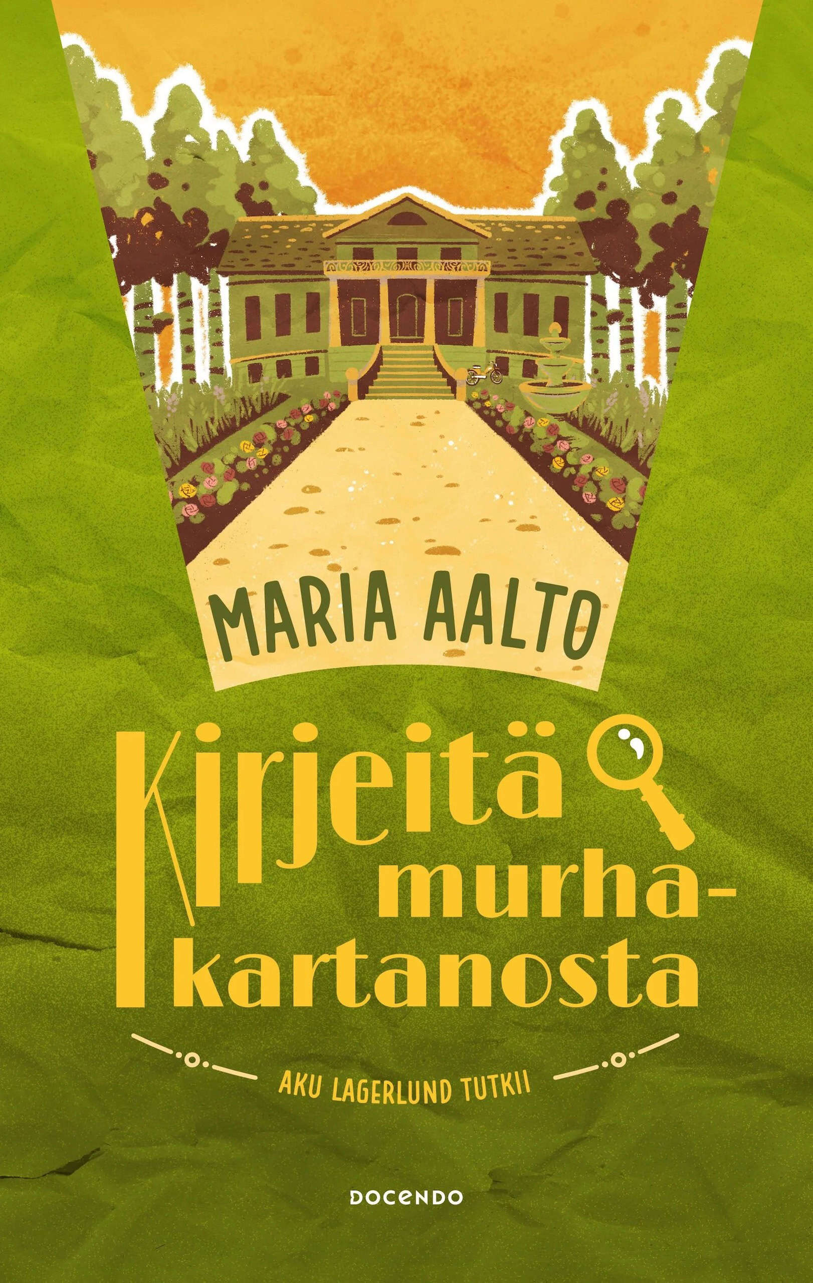 Kirjeitä murhakartanosta -kirjan kannessa on piirros kartanon pihanäkymästä.