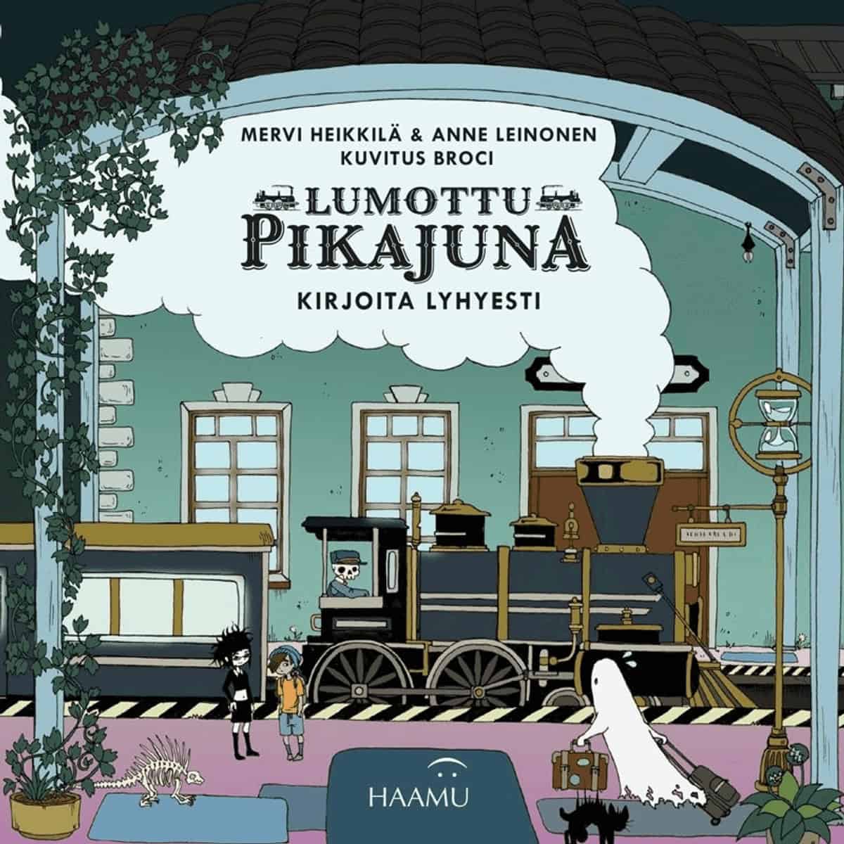 Lumottu pikajuna -kirjan kannessa on piirros höyryveturista asemalla. Asemalaiturilla on kummitus ja junaa kuljettaa luuranko.