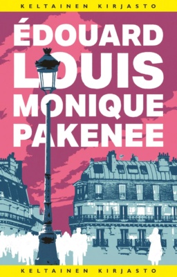 Monique pakenee -kirjan kannessa on violetinsiniseksi posterisoitu katunäkymä Pariisista ja ihmisten valkoisia siluetteja. Yksi naisen siluetti erottuu selvästi muusta väkijoukosta.