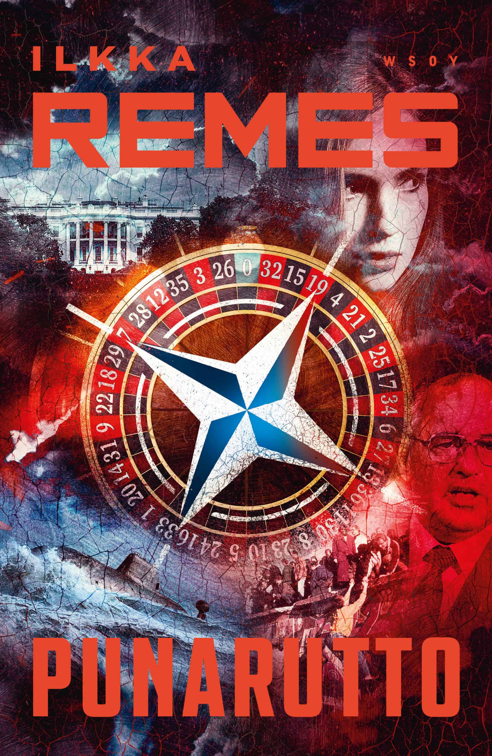 Punarutto-kirjan kannessa on rulettipyörä, jonka keskellä on Naton kompassiruusu. Reunoilla on Valkoisen talon kuva, sukellusvene, Gorbatšev, valokuva Berliinin muurin murtumisesta ja naisen kasvot.