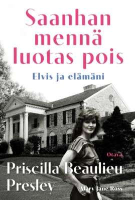 Saanhan mennä luotas pois -kirjan kannessa on mustavalkoinen valokuva Priscilla Presleystä Gracelandin edustalla.