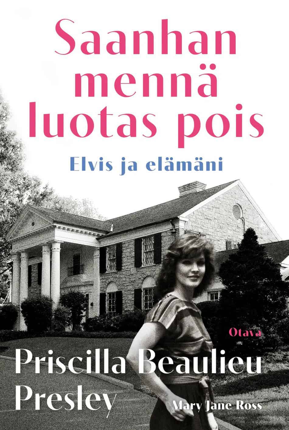 Saanhan mennä luotas pois -kirjan kannessa on mustavalkoinen valokuva Priscilla Presleystä Gracelandin edustalla.