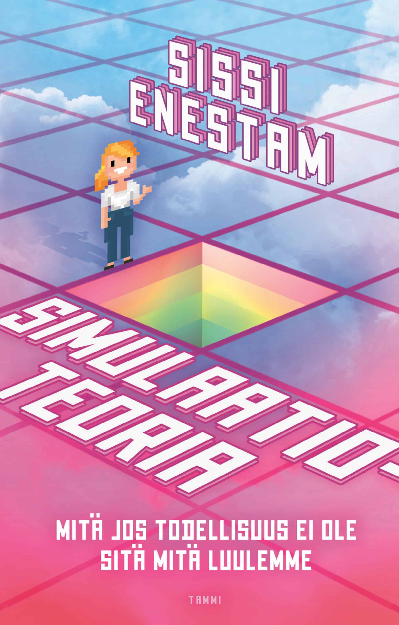 Simulaatioteorian kannessa on piirros karkeasta pikseli-ihmishahmosta ruutuihin jaetulla isometriselle taivaalla. Hahmon edessä oleva ruutu on värikäs kuilu alaspäin.