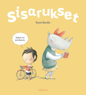 Sisarukset-kirjan toisessa kannessa pikkuveli on polkupyörän kanssa ja sanoo "Siskoni on sarvikuono". Isosisko on kuvattu koulupukuun pukeutuneena sarvikuonona, joka lukee kirjaa.