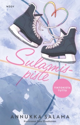 Sulamispisteen kannessa on kaksi luistinta, joiden sateenkaariväriset nauhat muodostavat sydämen. Taustalla on jään pintaa, johon piirtyy kahden suutelevan ihmisen päiden varjo.