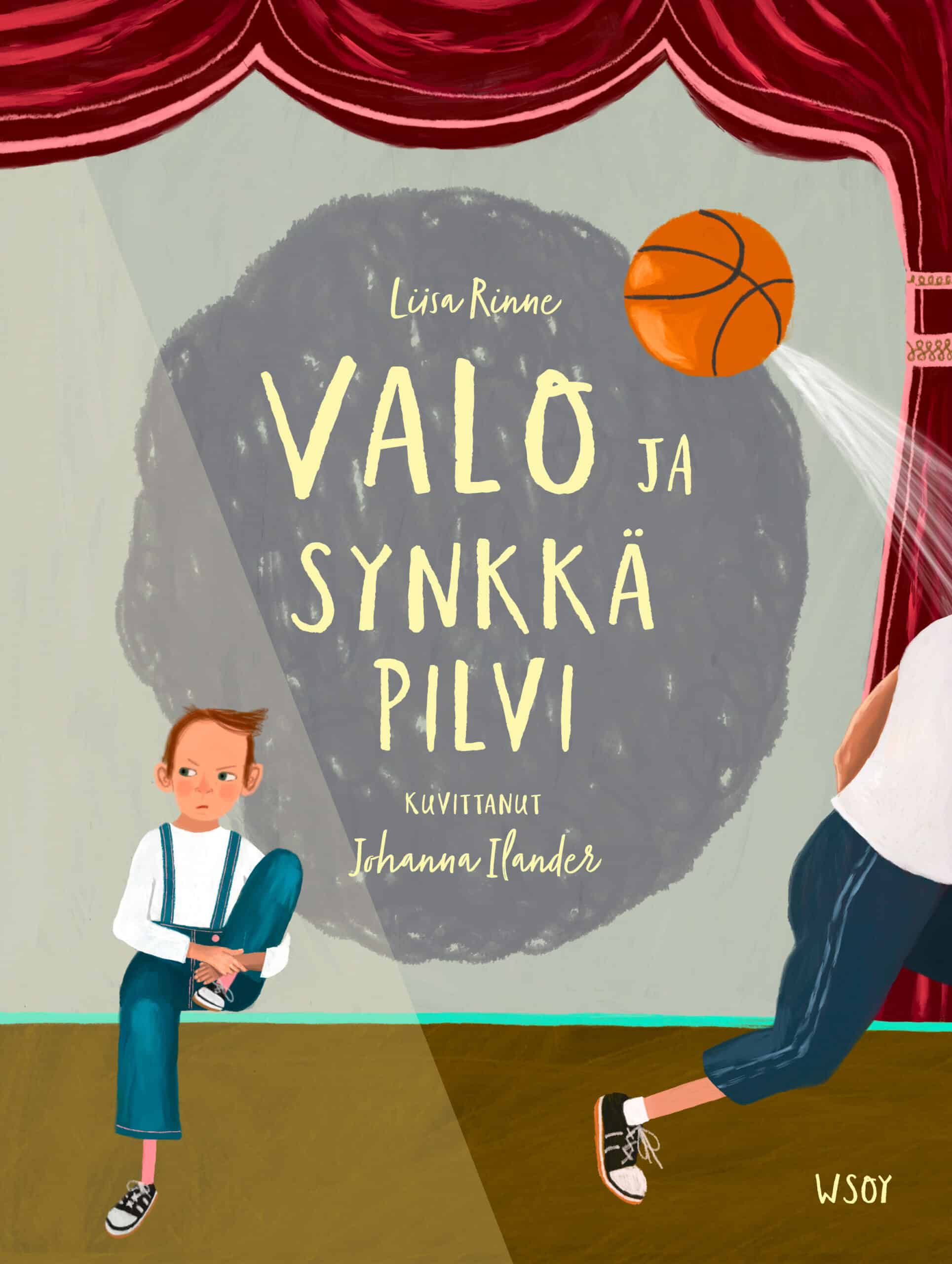 Valo ja synkkä pilvi -kirjan kannessa lapsi istuu jumppasalin näyttämön reunalla vieressään synkänharmaa pilvi, jossa lukee kirjan nimi. Aikuinen poistuu kuvasta oikealle, ja oikealta lentää koripallo. Kuvaa reunustaa jumppasalin näyttämön esirippu.