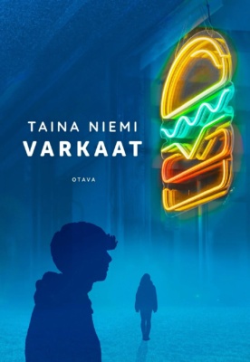 Varkaat-kirjan sinisävyisessä kannessa loistaa hampurilaista kuvaava valomainos. Sen alla on kaksi ihmisen siluettia: pojalta näyttävä hahmo etualalla sivuprofiilista kuvattuna ja toinen kauempana.