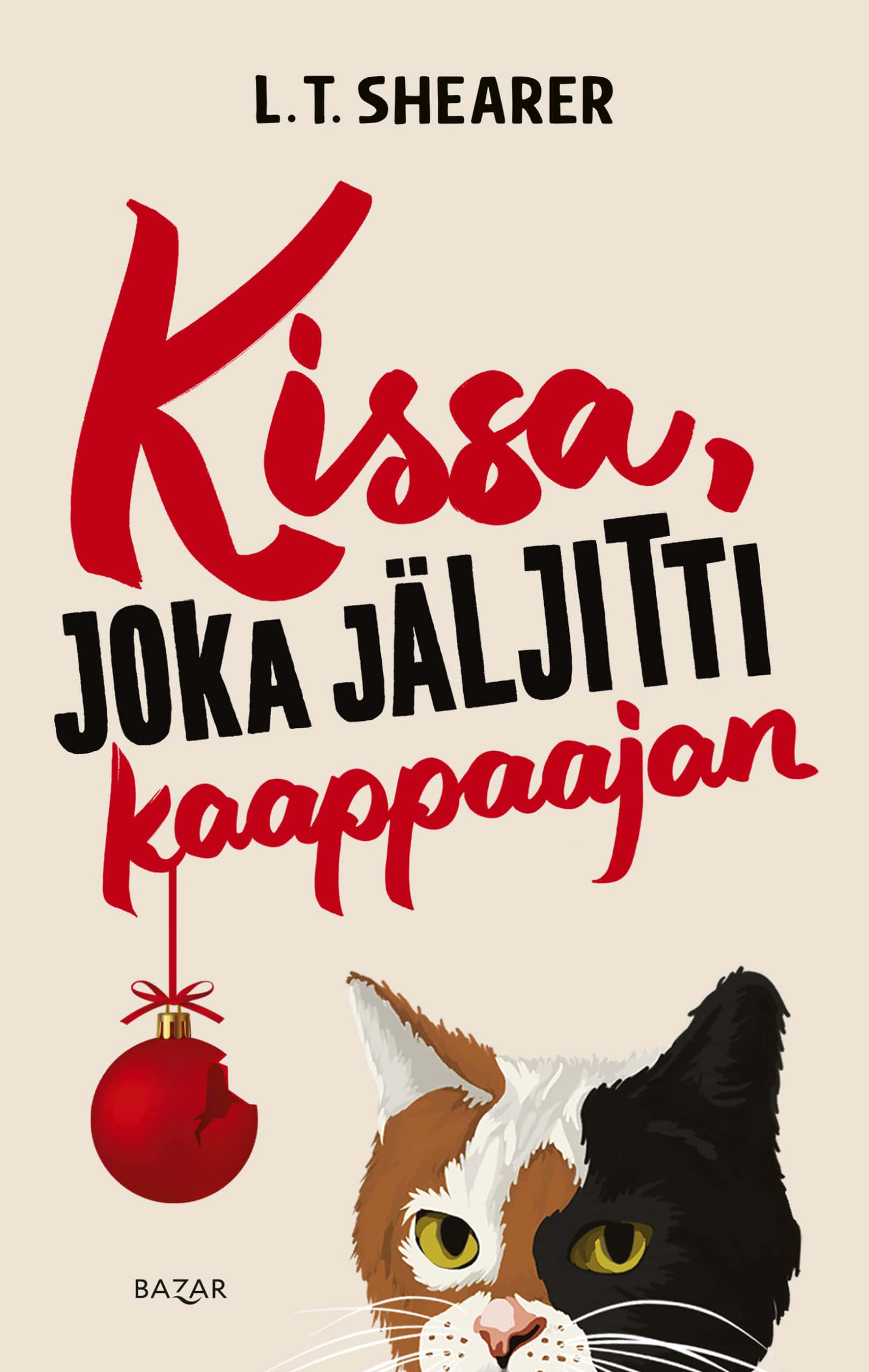 Kissa, joka jäljitti kaappaajan -kirjan kannessa on piirros Conrad-kissan päästä ja kirjan nimestä roikkuva joulukuusen koristepallo.