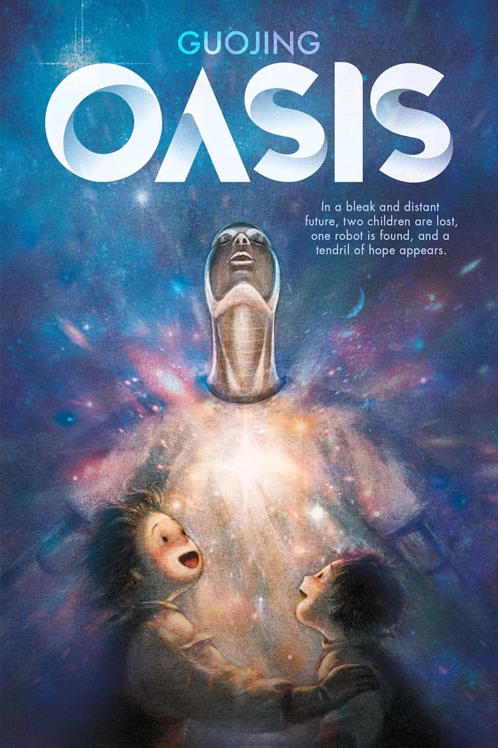 Oasis-kirjan kannessa on androidihahmo ja sen edessä kaksi iloitsevaa lasta.