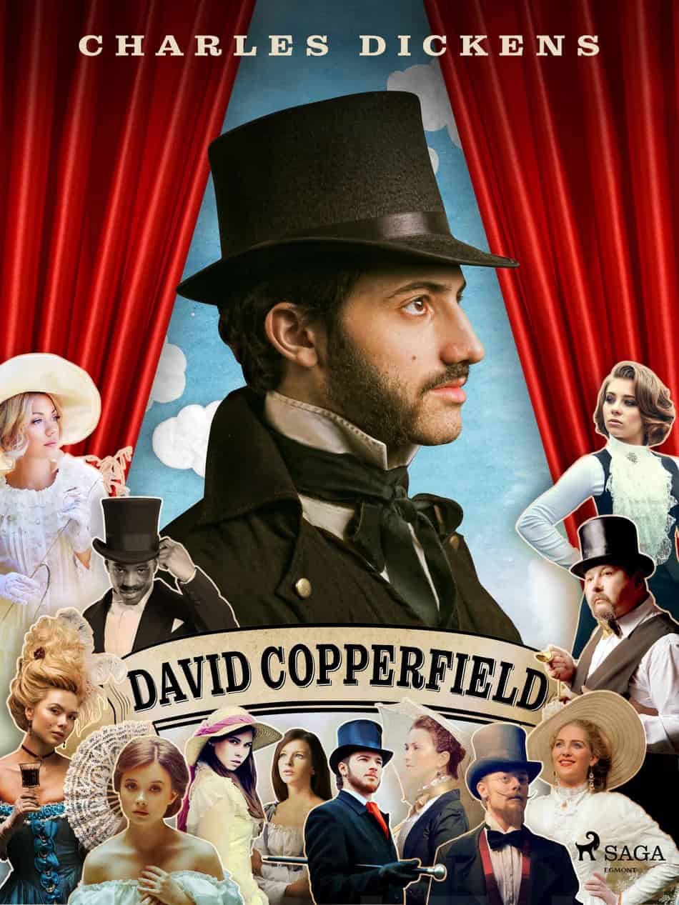 David Copperfield -kirjan kannessa on punaisten esirippujen välissä silinterihattuisen ja poskipartaisen miehen profiilikuva. Alla on teksti "David Copperfield" ja pienemmät kuvat kymmenestä muusta ihmisestä.