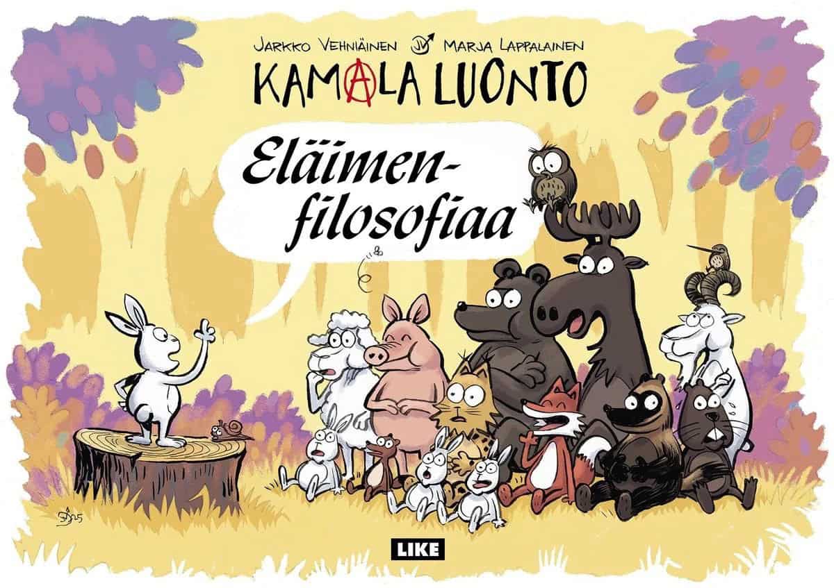 Eläimenfilosofiaa-kirjan kannessa on piirros metsäaukiosta, jossa jänis seisoo kannon päällä luennoimassa muille Kamalan luonnon eläimille. Kirjan nimi on jäniksen puhekuplassa.