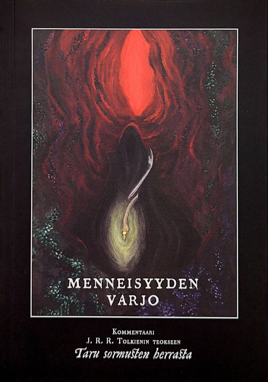 Menneisyyden varjo -teoksen kannessa on maalaus, jossa mustaan viittaan pukeutuneesta hahmosta näkyy kaksi vaaleaa kättä, joista toisessa on valoa hohtava sormus. Taustalla on vaginaa muistuttava punainen luola.