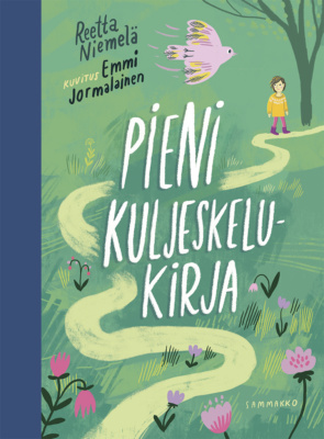 Pienen kuljeskelukirjan kannessa on piirros niityllä kulkevasta polusta, jota pitkin kulkee ihmishahmo, joka katselee lentävää lintua.