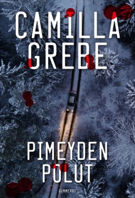 Pimeyden polut -kirjan kannessa on ylhäältä kuvattu metsikön halki kulkeva talvinen ja öinen kapea yhden auton mentävä metsätie, jota pitkin ajaa auto. Kannen tekstien päällä on veripisaroita.