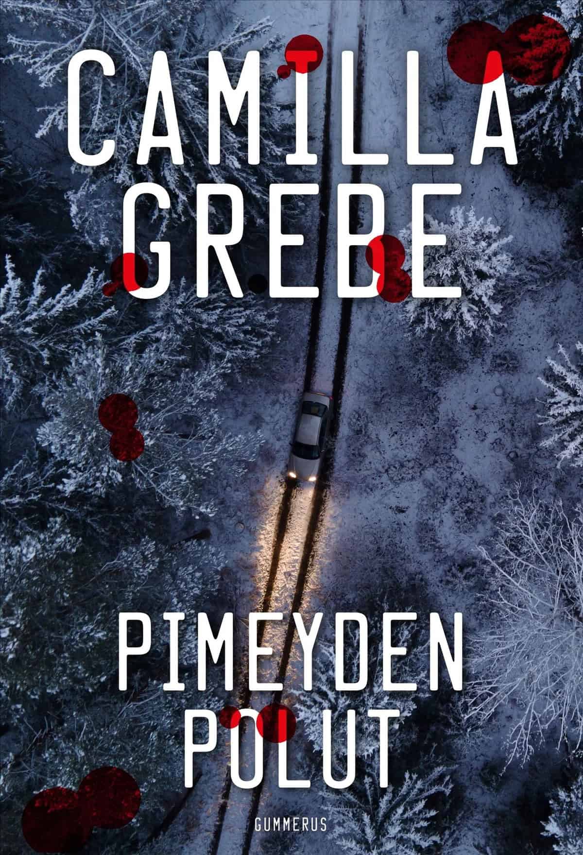 Pimeyden polut -kirjan kannessa on ylhäältä kuvattu metsikön halki kulkeva talvinen ja öinen kapea yhden auton mentävä metsätie, jota pitkin ajaa auto. Kannen tekstien päällä on veripisaroita.