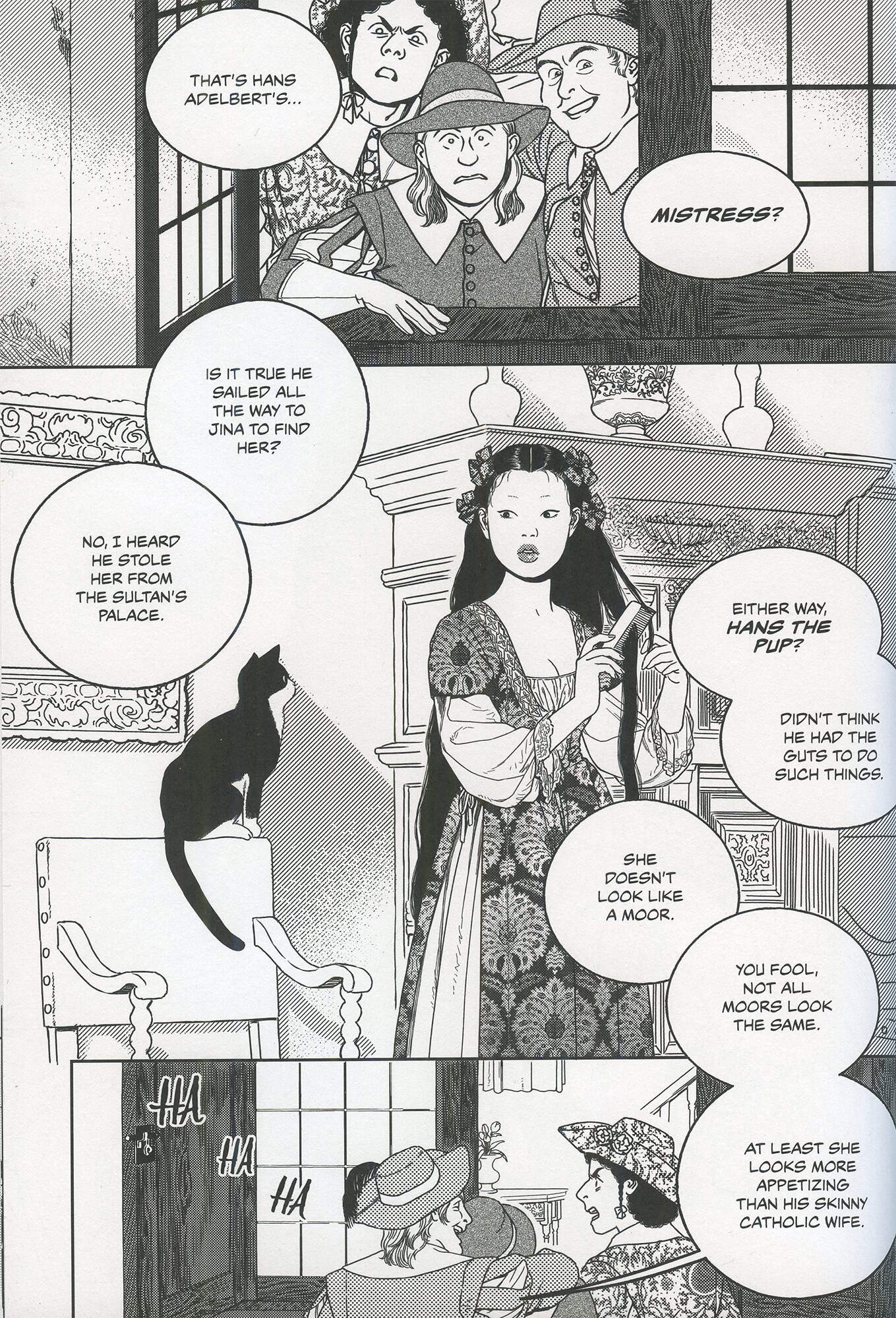 Mustavalkoisella sarjakuvasivulla amsterdamilaiset porvarit hämmästelevät Hans Albertin aasialaisen näköistä rakastajatarta ja ihmettelevät, miten Hansista on ollut sellaiseen tekoon. Pilkkaavat ja Saharaa esineellistävät porvarit halventavat myös Hansin vaimoa.