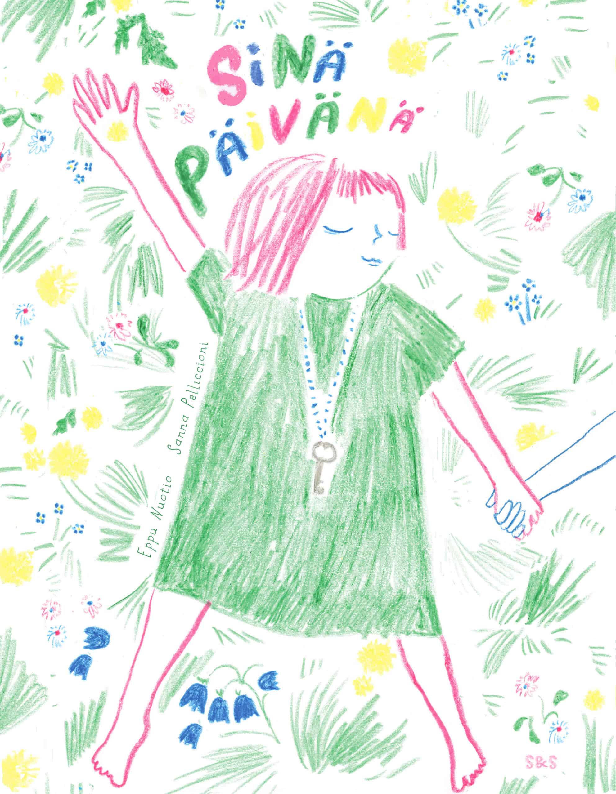 Sinä päivänä -kirjan kannessa on väriliiduilla piirretty kuva tytöstä vihreässä mekossa, avain roikkumassa ketjussa kaulassa. Tyttö pitää kuvan ulkopuolelle jäävää henkilöä kädestä.