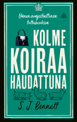 Kolme koiraa haudattuna -kirjan kannessa on piirros kolmesta koirasta ja käsilaukusta.