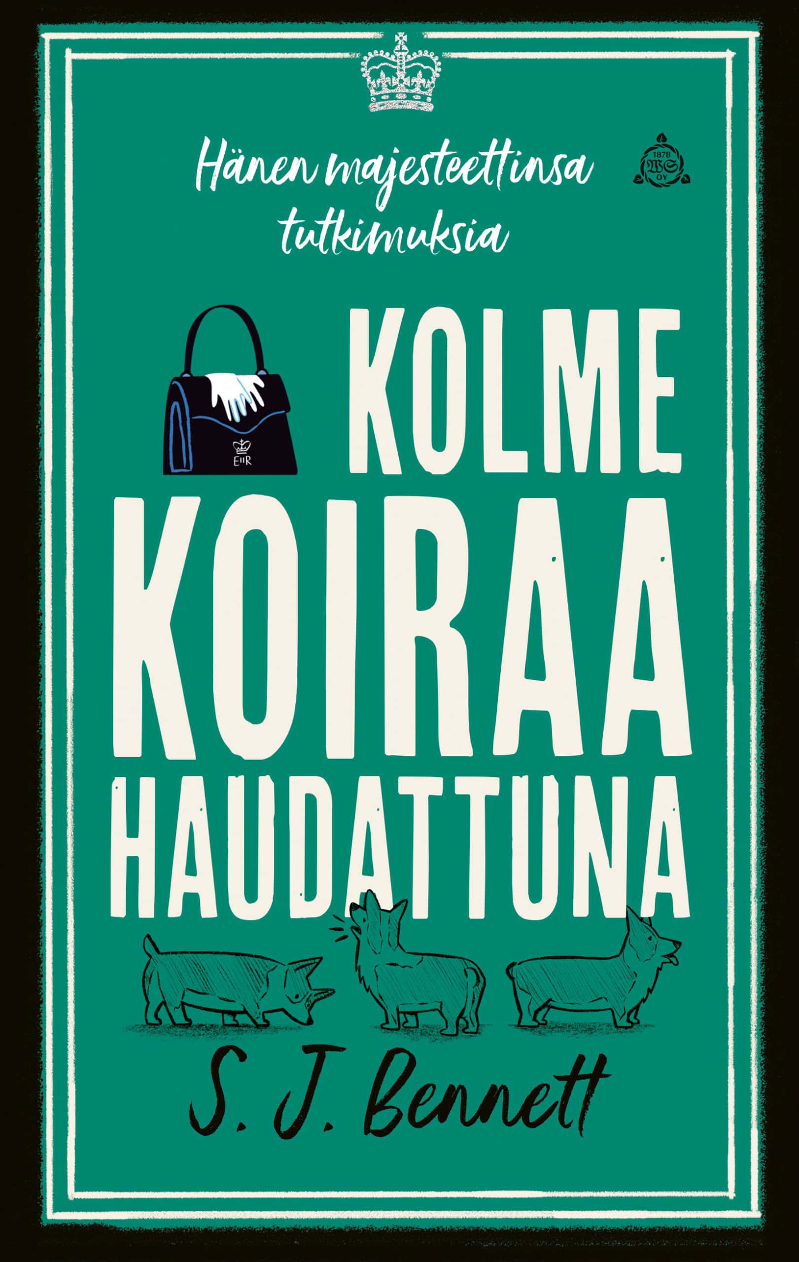 Kolme koiraa haudattuna -kirjan kannessa on piirros kolmesta koirasta ja käsilaukusta.