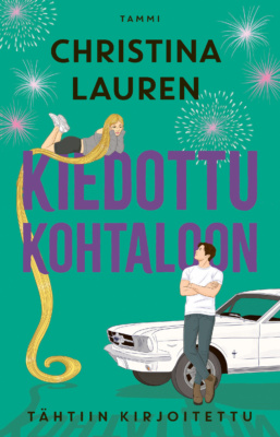 Kiedottu kohtaloon -kirjan kannessa nuori nainen, jolla on monta metriä pitkät vaaleat hiukset makailee kirjan nimen päällä ja alhaalla autoon nojaileva nuori mies katselee naista kädet puuskassa.