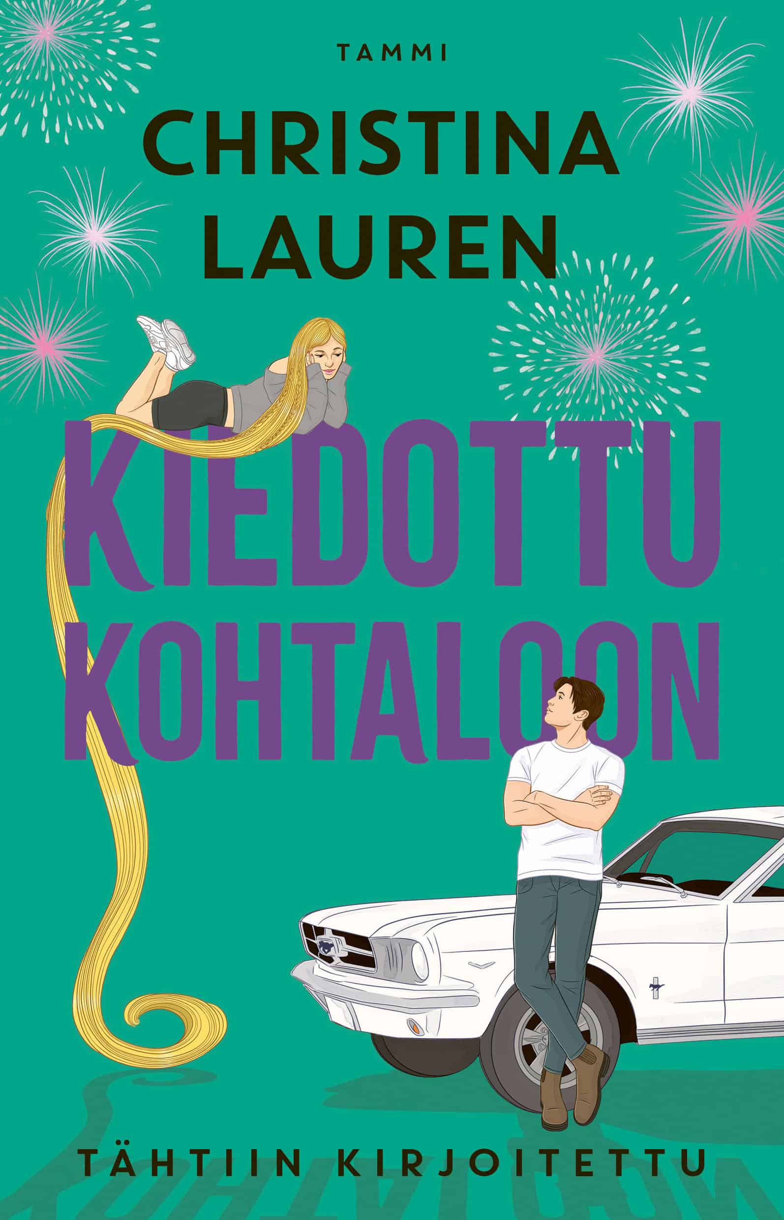 Kiedottu kohtaloon -kirjan kannessa nuori nainen, jolla on monta metriä pitkät vaaleat hiukset makailee kirjan nimen päällä ja alhaalla autoon nojaileva nuori mies katselee naista kädet puuskassa.
