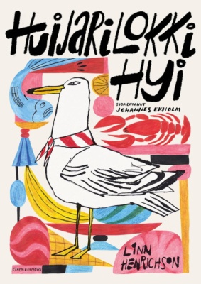 Huijarilokki Hyi -kirjan kannessa on piirros lokista, jolla on punavalkoraidallinen huivi kaulassa. Lokin ympärillä on erilaisia ruokia: hummeri, kala, banaani ja jäätelö.