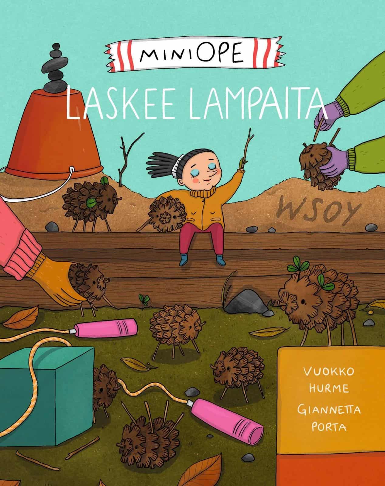 Miniope laskee lampaita -kirjan kannessa miniope istuu hiekkalaatikon reunalla. Hiekkalaatikossa on käpylehmiä ja hyppynaru.