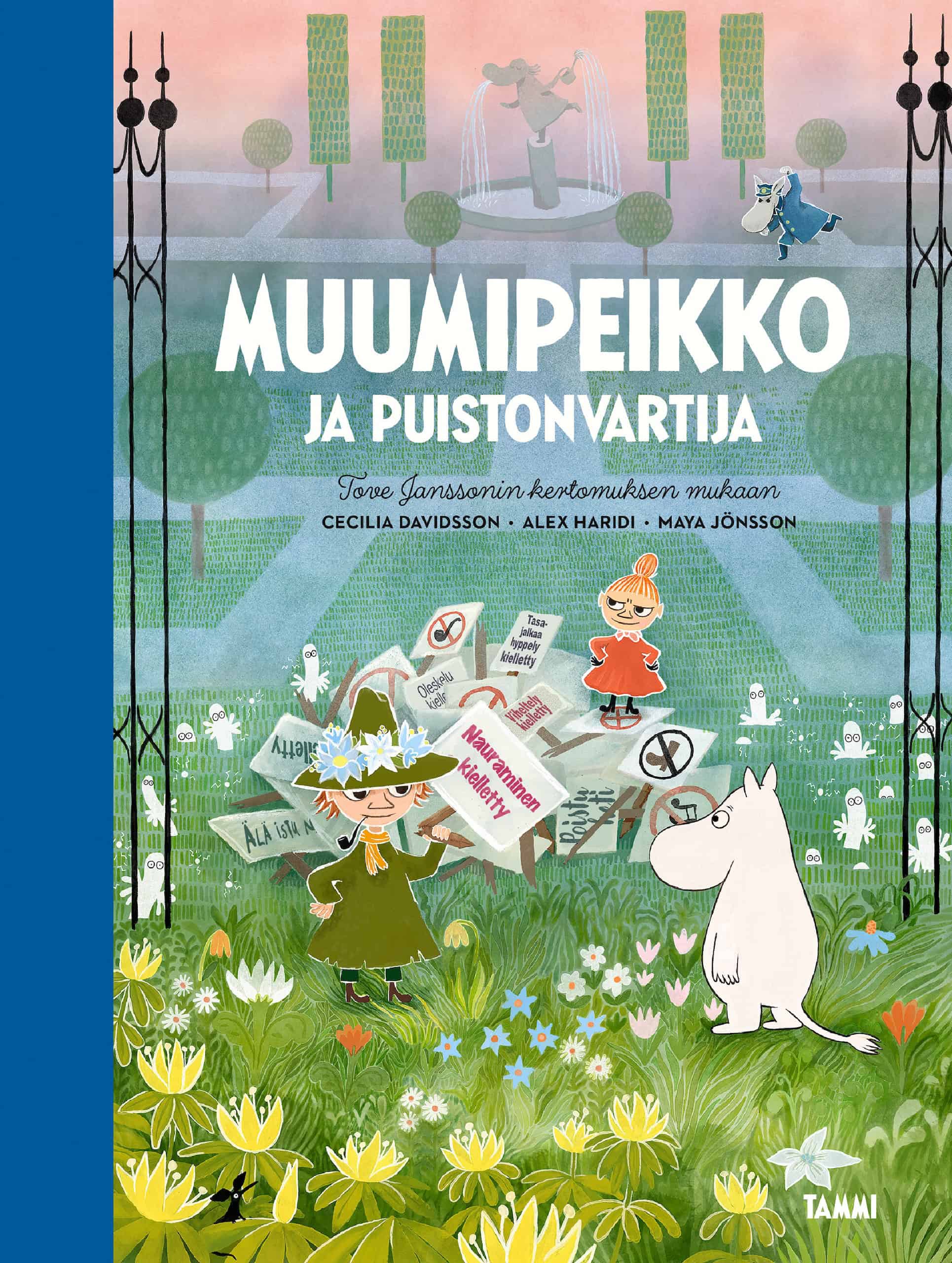 Muumipeikko ja puistonvartija -kirjan kannessa on piirros Muumipeikosta, Nuuskamuikkusesta ja Pikku Myystä puistossaan, keskellään läjä erilaisia kieltokylttejä.