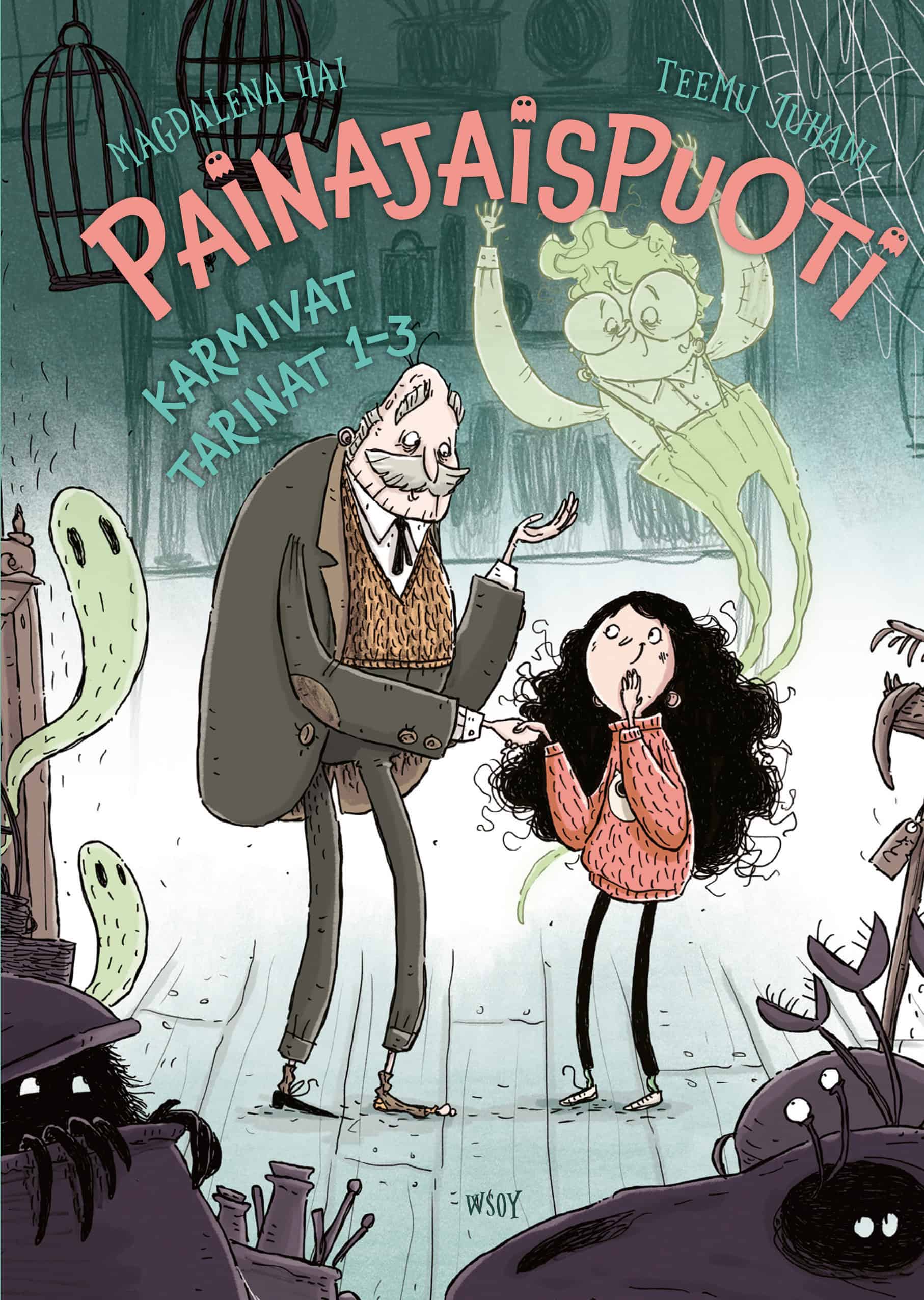 Painajaispuoti-kirjan kannessa on piirros vanhasta miehestä ja nuoresta tytöstä kättelemässä. Tytön yläpuolella lentelee pikkupojan kummitus ja kuvan reunoilla on kaikenlaisia karmivia otuksia.