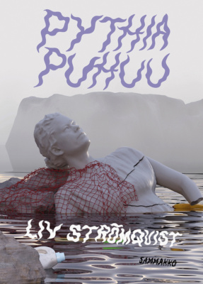 Pythia puhuu -kirjan kannessa on vedessä roskien (muovipullo, banaaninkuori, kalaverkko) keskellä kelluva valkoinen halkeillut naista esittävä patsas.