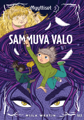 Sammuva valo -kirjan kannessa on kuva putoavasta tytöstä ja maahisesta. Heidän taustallaan on isot violetit kasvot ja violettina hulmuavaa tukkaa. Kannen ylänurkassa on keltasävyinen naishahmo.