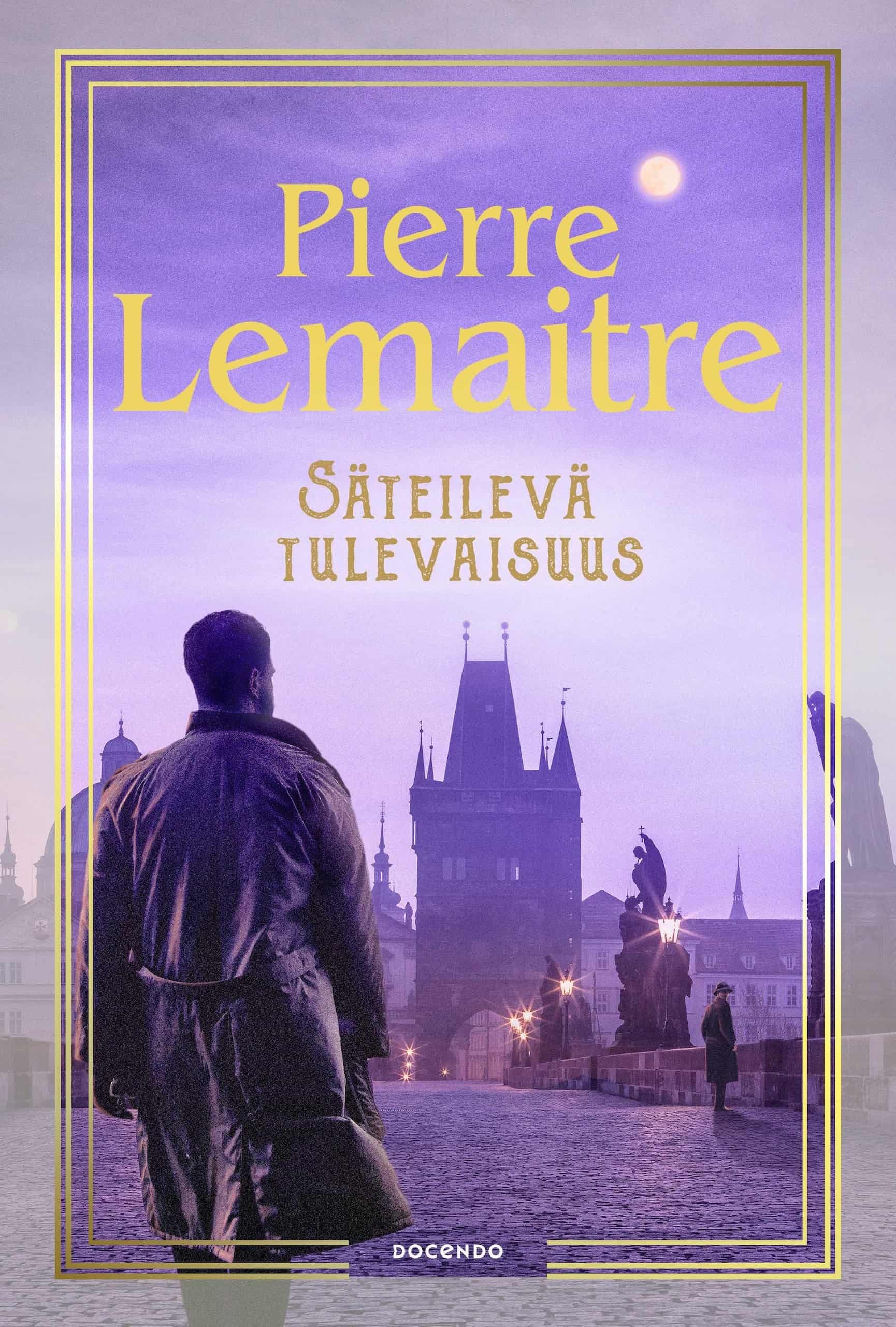 Säteilevän tulevaisuuden kannessa on violetin sävyinen valokuva, jossa pitkään takkiin pukeutunut mies seisoo selin kameraan Prahan Kaarlensillalla.