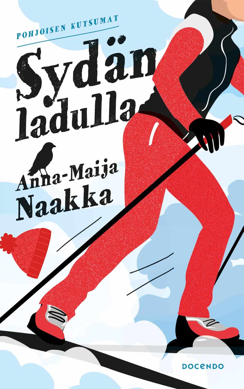 Sydän ladulla -kirjan kannessa on piirros puna-asuisesta hiihtäjästä.