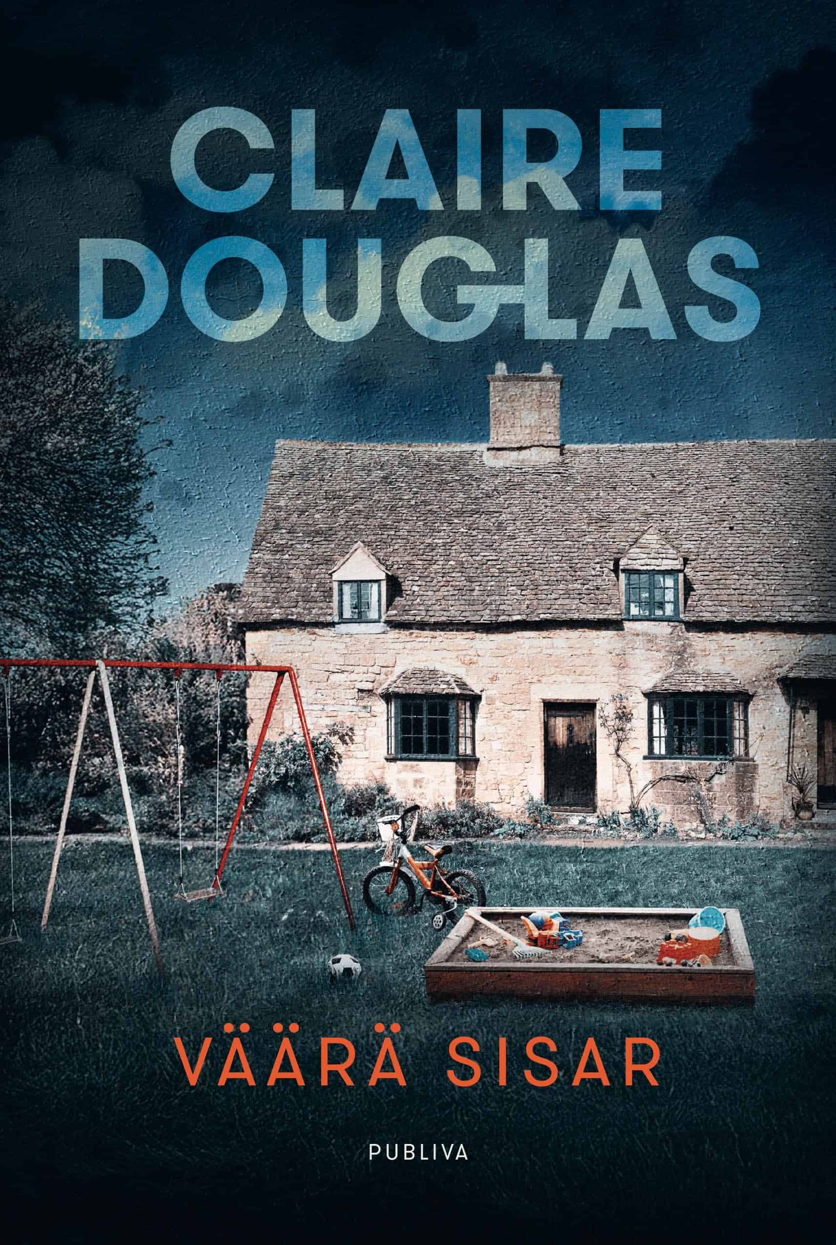 Väärä sisar -kirjan kannessa on valokuva talosta, jonka pihalla on keinu, hiekkalaatikko ja lasten polkupyörä. Kuvan sävy on synkkä ja kuvaan on lisätty rapatulta pinnalta näyttävä tekstuuri.