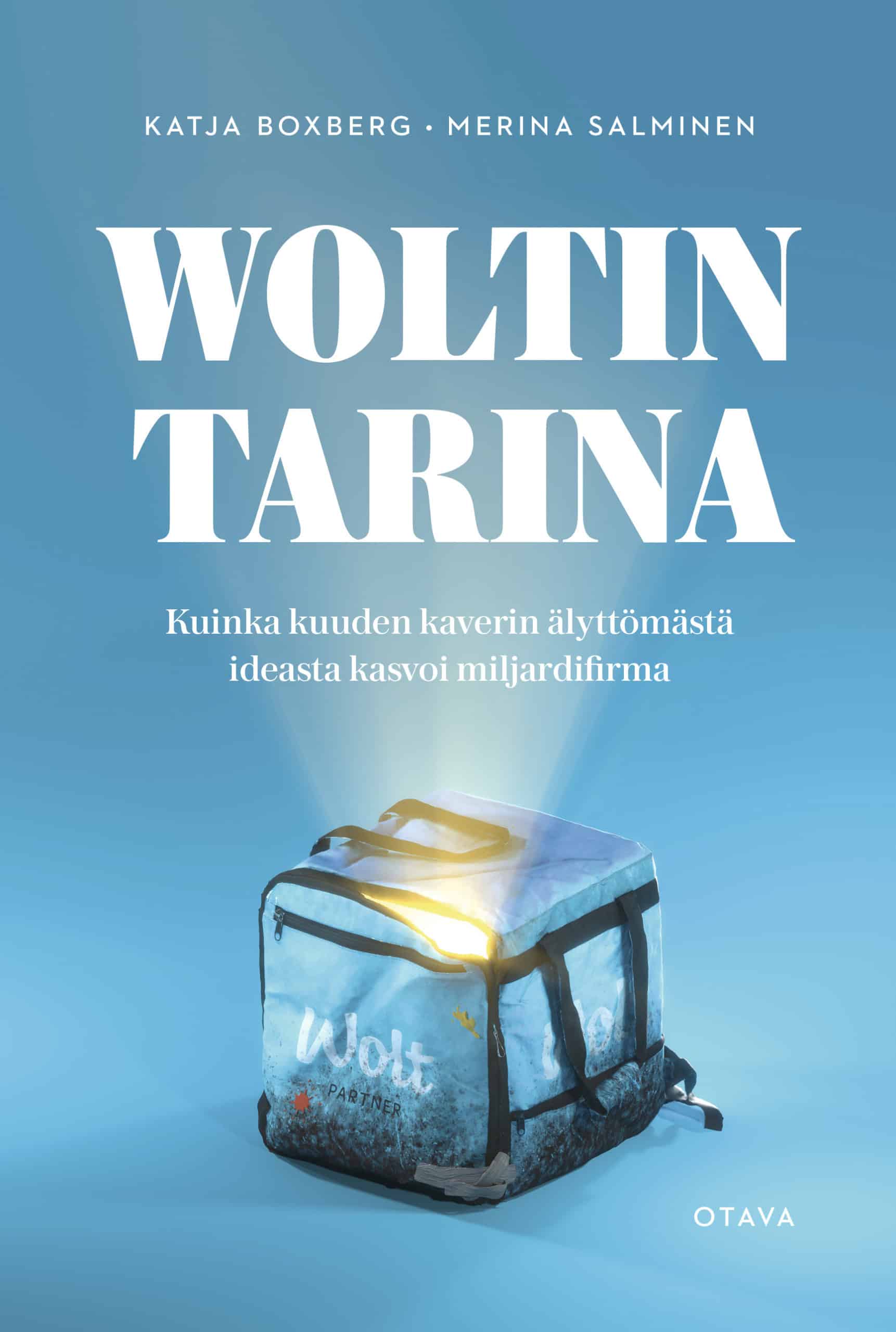 Woltin tarina -kirjan kannessa on Woltin lähettilaukku, jonka sisältä kajastaa valoa.