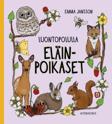 Eläinpoikaset-kirjan kannessa on piirroksia eläinten poikasista: kettu, orava, jänis, kauris ja pöllö. Lisäksi kannessa on kukkia, oksia, perhosia ja muita hyönteisiä.