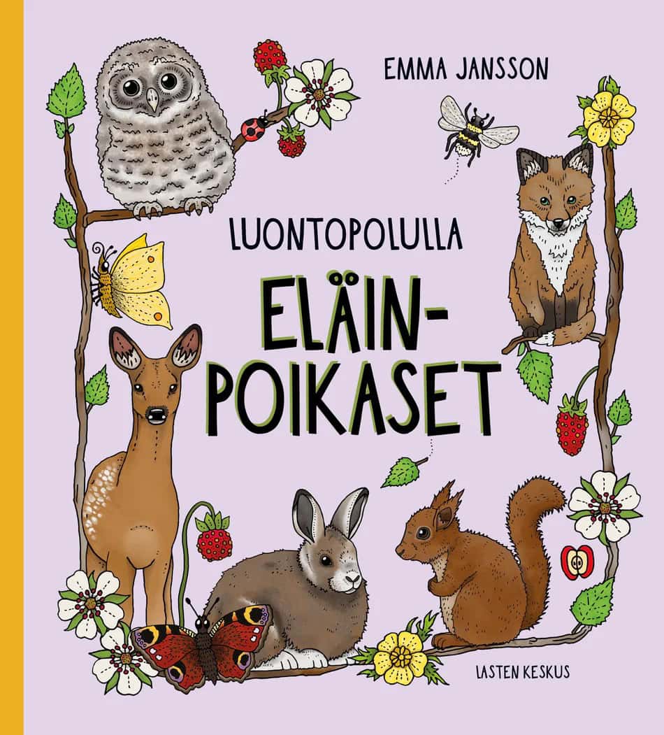 Eläinpoikaset-kirjan kannessa on piirroksia eläinten poikasista: kettu, orava, jänis, kauris ja pöllö. Lisäksi kannessa on kukkia, oksia, perhosia ja muita hyönteisiä.