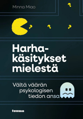 Harhakäsitykset mielestä -kirjan kannessa aivojen tapaan kuvioitu Pacman-hahmo syö kysymysmerkkejä ja kannessa on myös surkealta näyttävä kummitus.