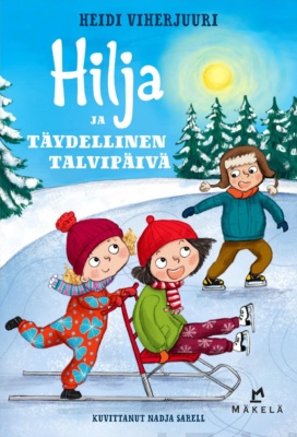 Hilja ja täydellinen talvipäivä -kirjan kannessa on piirros, jossa aurinkoisena talvipäivänä kolme lasta on jäällä. Poika luistelee, pienempi tyttö työntää isompaa tyttöä potkukelkassa. Isommalla tytöllä on luistimet jalassa.