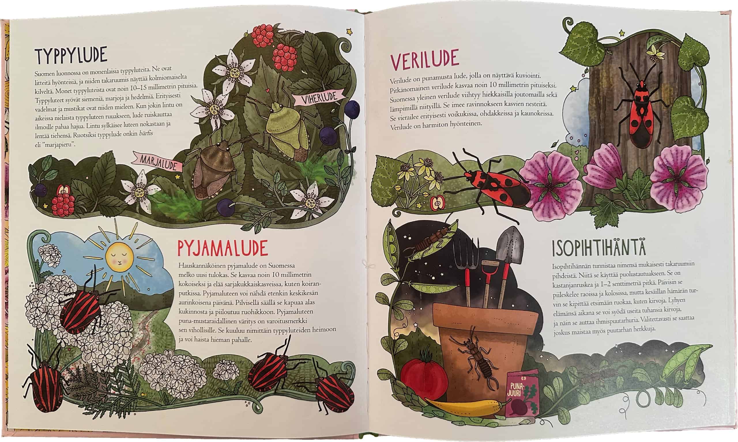 Aukeama Hyönteiset-kirjasta. Aukeamalla esitellään typpylude, pyjamalude, verilude ja isopihtihäntä. Jokaisesta on piirroskuva kuva elinympäristössään ja 6–9 riviä tekstiä.