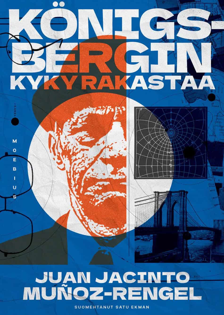 Paul Königsbergin kyky rakastaa -kirjan kannessa on sinisellä pohjalla valkoinen ympyrä. Ympyrässä näkyy oranssilla kuvio, josta erottuu vähän yli puolet knallipäisen miehen naamasta. Kannessa on myös kuva isosta sillasta, parit silmälasit ja jotain kaavioita.