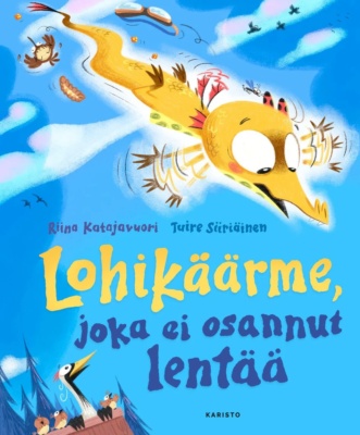Lohikäärme, joka ei osannut lentää -kirjan kannessa on piirros pienestä keltaisesta lohikäärmeestä, joka syöksyy taivaalla alaspäin ja räpyttelee käsiään vimmatusti. Alhaalla kurki ja muut linnut katselevat lohikäärmeen menoa.